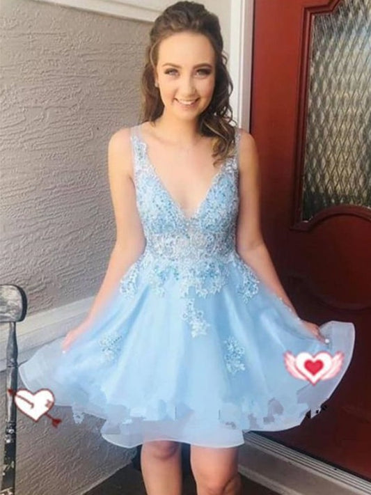 A-Line/Princess Tulle Applique V-neck Sleeveless Short/Mini Homecoming Dresses DFP0003941