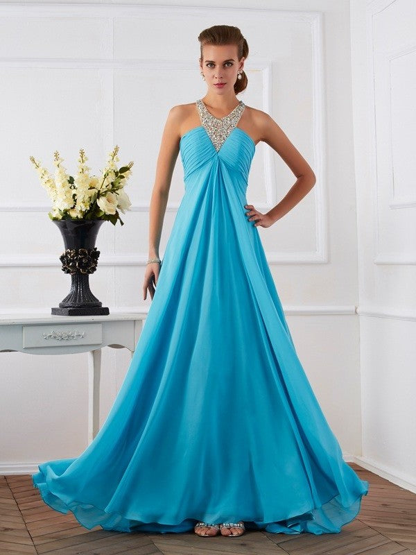 Empire Halter Sleeveless Beading Long Chiffon Dresses DFP0002695