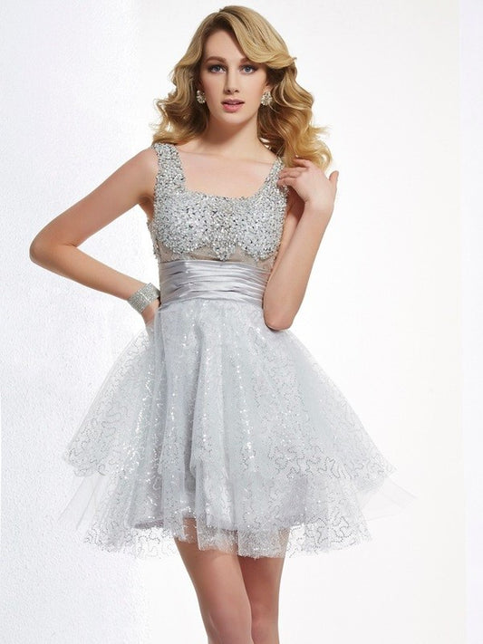 A-Line/Princess Straps Sleeveless Beading Short Elastic Woven Satin Homecoming Dresses DFP0008435