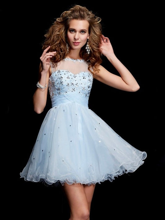 A-Line/Princess Scoop Sleeveless Beading Short Elastic Woven Satin Homecoming Dresses DFP0008444