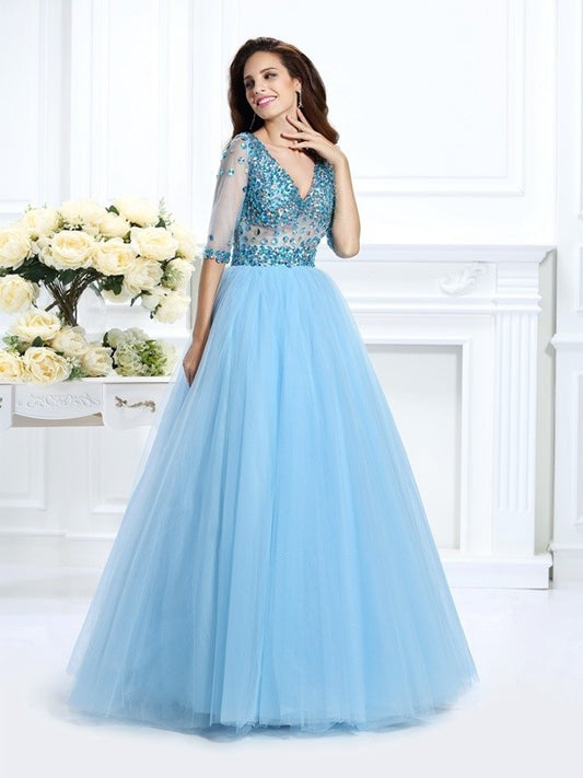 Ball Gown V-neck Beading 1/2 Sleeves Long Satin Quinceanera Dresses DFP0003284