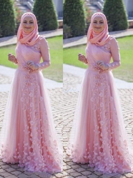 A-Line/Princess Long Sleeves Scoop Sweep/Brush Train Applique Tulle Muslim Dresses DFP0003810