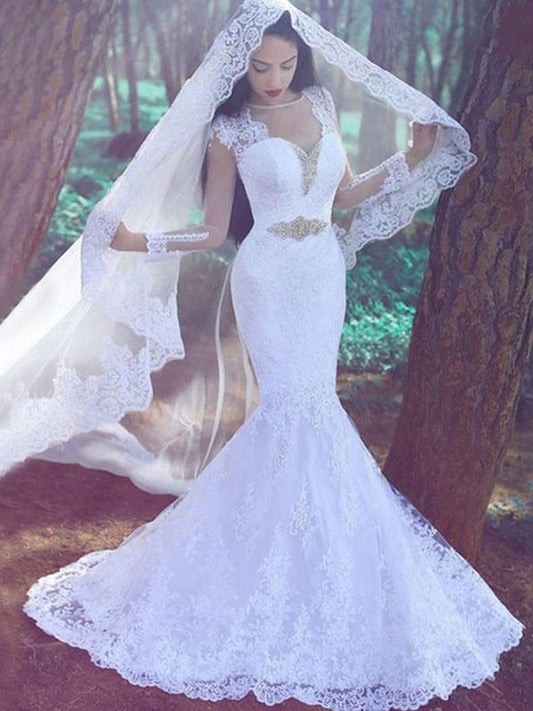Trumpet/Mermaid Applique Sweetheart Long Sleeves Lace Court Train Wedding Dresses DFP0006214