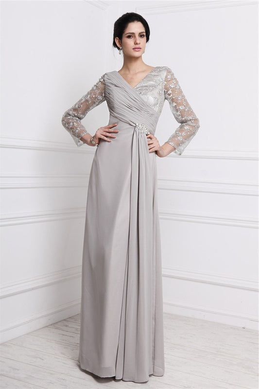 Sheath/Column V-neck Long Sleeves Lace Long Chiffon Dresses DFP0003908