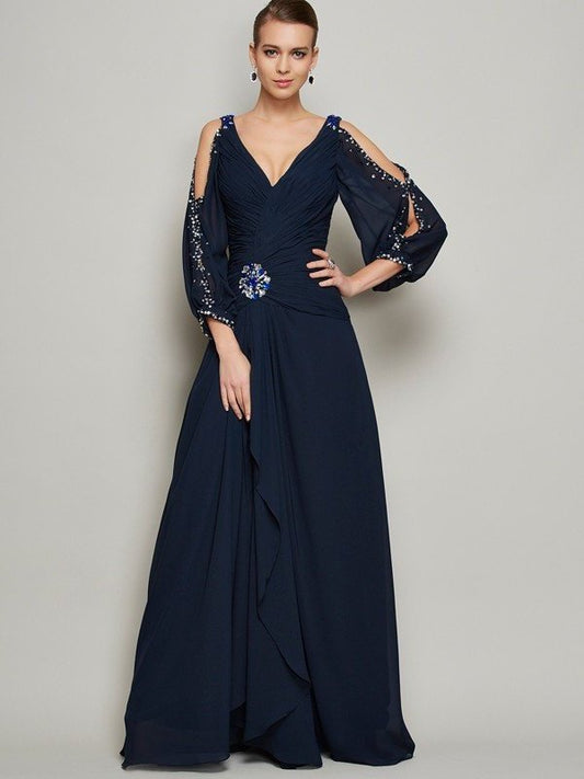 A-Line/Princess V-neck Long Sleeves Beading Long Chiffon Dresses DFP0002546