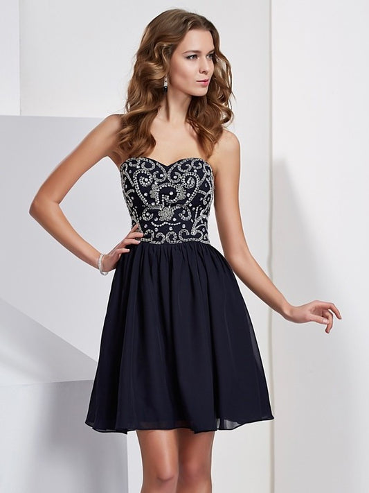 A-Line/Princess Sweetheart Beading Sleeveless Chiffon Short Homecoming Dresses DFP0008585