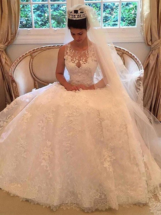 A-Line/Princess Lace Court Train Scoop Applique Sleeveless Wedding Dresses DFP0006165