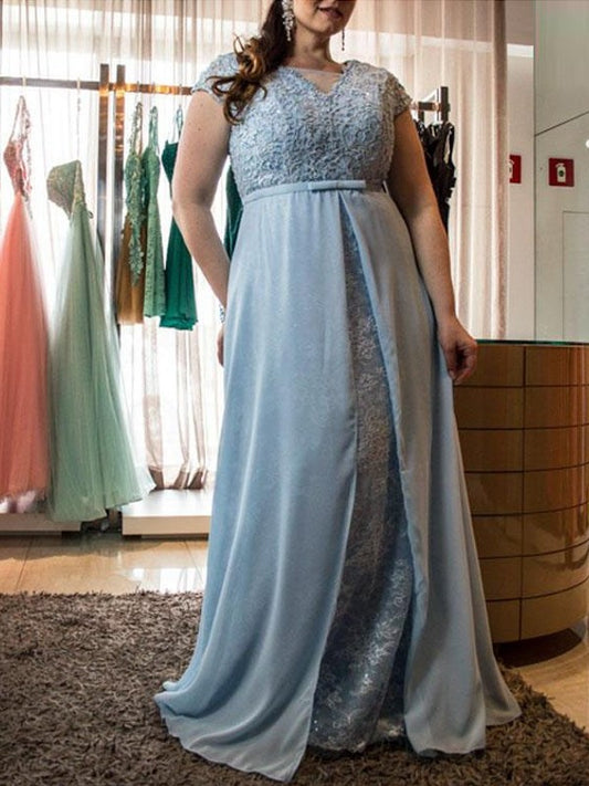 A-Line/Princess Scoop Short Sleeves Lace Floor-Length Chiffon Plus Size Dresses DFP0003589