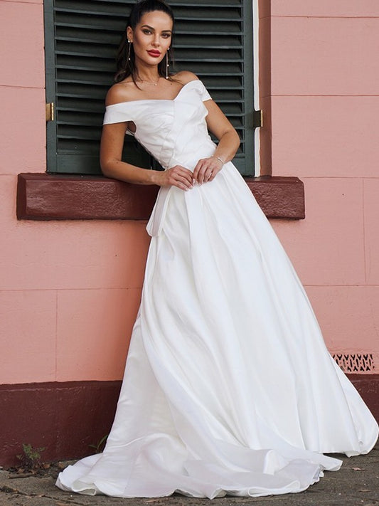 A-Line/Princess Satin Ruched Off-the-Shoulder Sleeveless Court Train Wedding Dresses DFP0006147