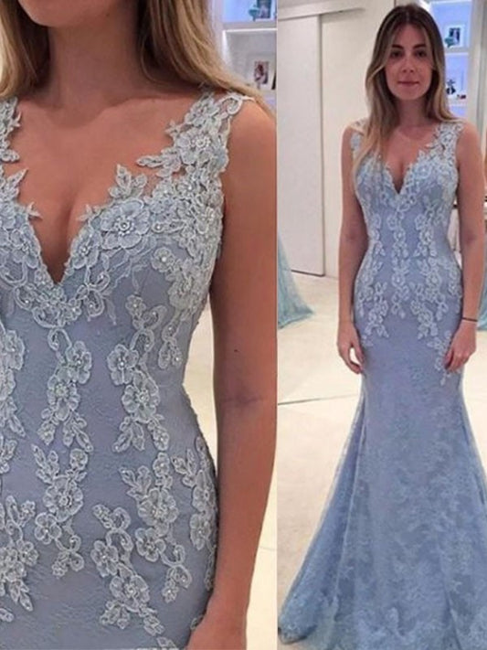 Trumpet/Mermaid V-neck Sleeveless Applique Sweep/Brush Train Lace Dresses DFP0002257