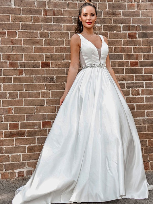 A-Line/Princess Satin V-neck Beading Sleeveless Court Train Wedding Dresses DFP0006109