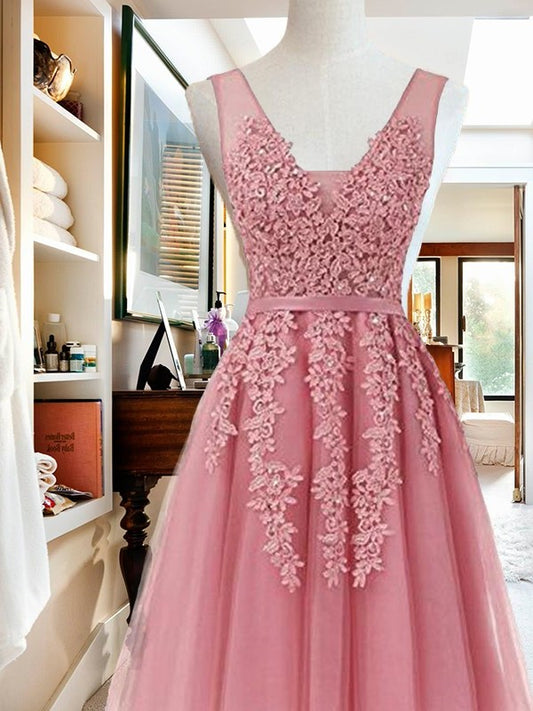 A-Line V-neck Cut Short With Applique Tulle Pink Homecoming Dresses DFP0008560