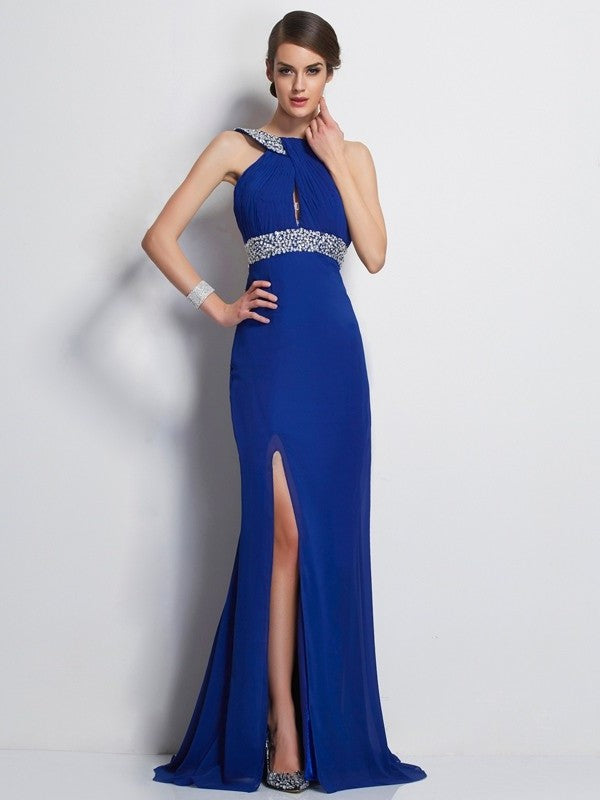 Sheath/Column High Neck Sleeveless Beading Long Chiffon Dresses DFP0002600