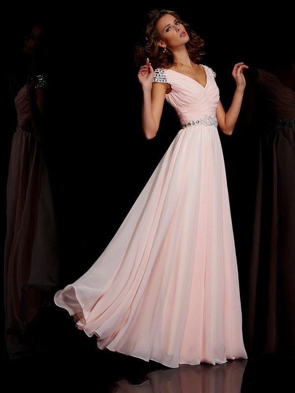 A-Line/Princess V-neck Short Sleeves Ruffles Long Chiffon Dresses DFP0002299