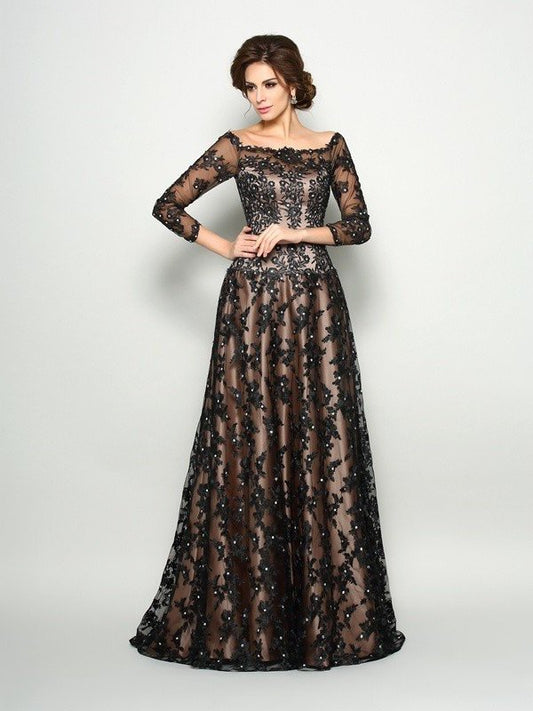 A-Line/Princess Off-the-Shoulder Lace 3/4 Sleeves Long Satin Mother of the Bride Dresses DFP0007102