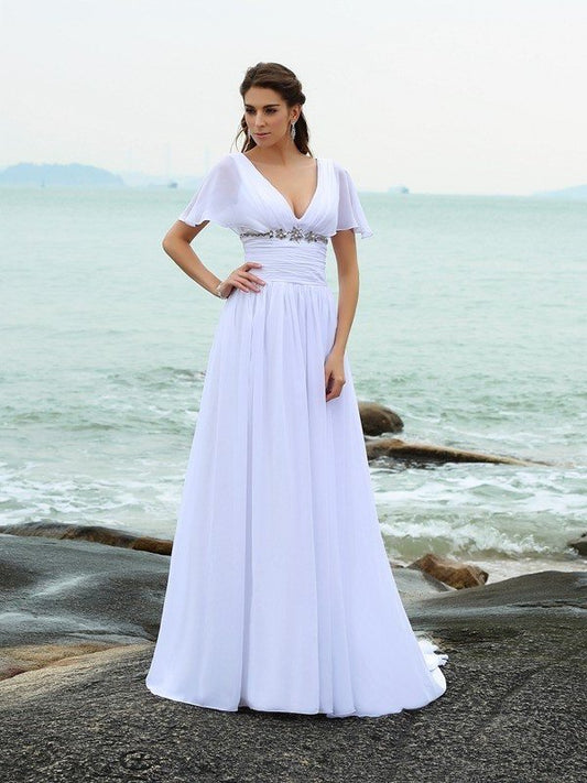 A-Line/Princess V-neck Ruffles Short Sleeves Long Chiffon Beach Wedding Dresses DFP0006230