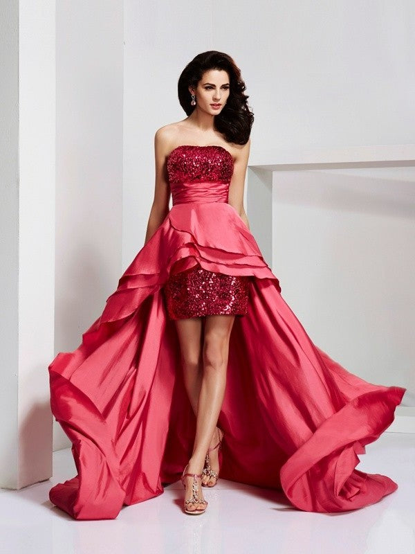 A-Line/Princess Strapless Sleeveless Lace High Low Taffeta Dresses DFP0002733