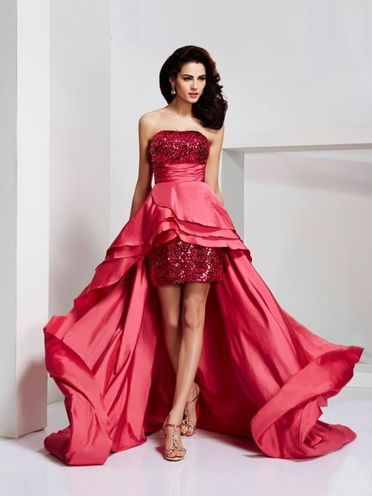 A-Line/Princess Strapless Sleeveless Lace High Low Taffeta Dresses DFP0002733