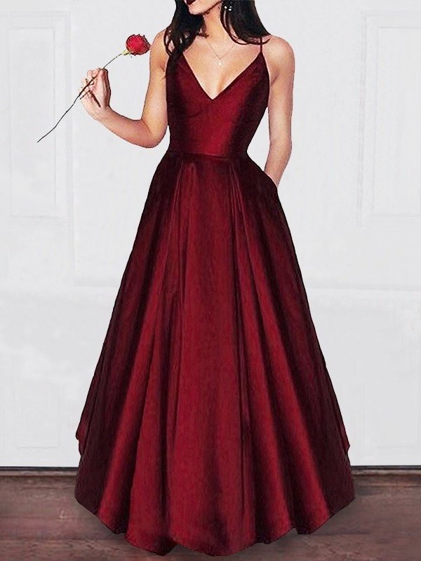 A-Line/Princess V-neck Floor-Length Ruffles Satin Dresses DFP0001565