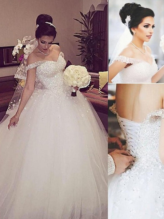 Ball Gown Off-the-Shoulder Sleeveless Lace Court Train Tulle Wedding Dresses DFP0005954