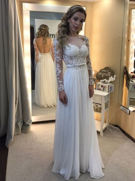 A-Line/Princess Bateau Floor-Length Long Sleeves Lace Chiffon Wedding Dresses DFP0006188