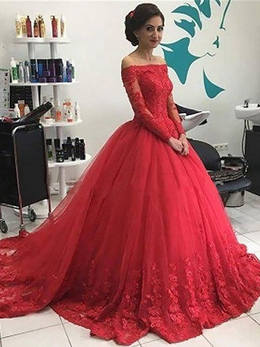 Ball Gown Off-the-Shoulder Long Sleeves Lace Tulle Court Train Dresses DFP0001514