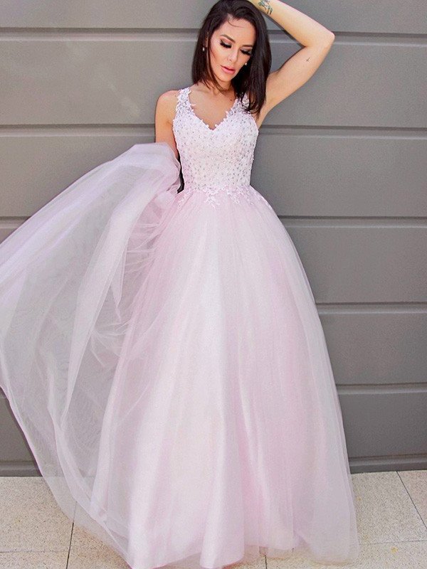 A-Line/Princess V-neck Sleeveless Applique Tulle Floor-Length Dresses DFP0001522