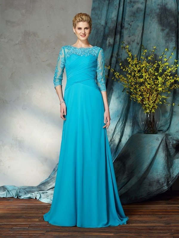 A-Line/Princess Bateau Applique 3/4 Sleeves Long Chiffon Mother of the Bride Dresses DFP0007256