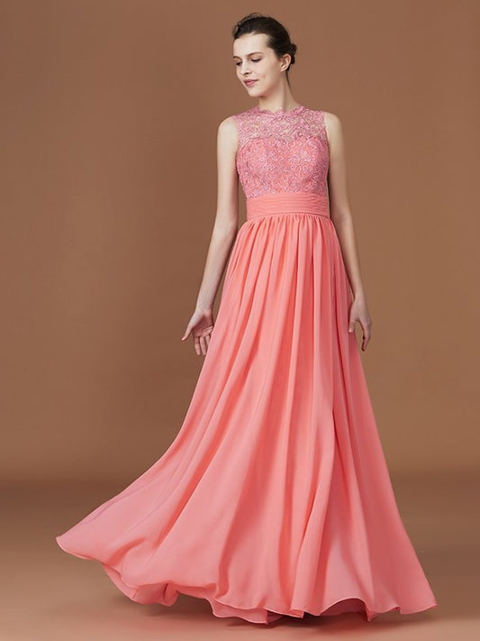 A-Line/Princess Jewel Sleeveless Lace Floor-Length Chiffon Bridesmaid Dresses DFP0005806