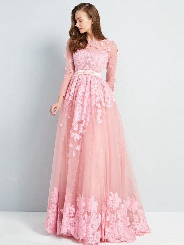 A-Line/Princess Scoop 3/4 Sleeves Floor-Length Applique Tulle Dresses DFP0002409