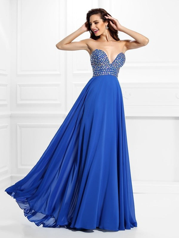 A-Line/Princess V-neck Beading Sleeveless Long Chiffon Dresses DFP0004173