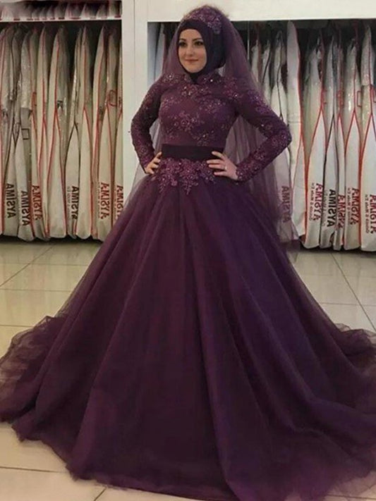 Ball Gown Long Sleeves High Neck Sweep/Brush Train Applique Tulle Muslim Dresses DFP0003429