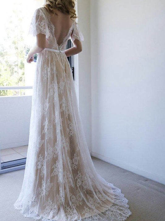 A-Line/Princess Lace Sash/Ribbon/Belt V-neck Short Sleeves Sweep/Brush Train Wedding Dresses DFP0005917