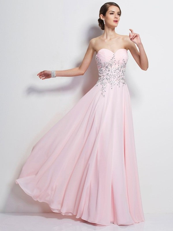 A-Line/Princess Sweetheart Sleeveless Beading Long Chiffon Dresses DFP0002750