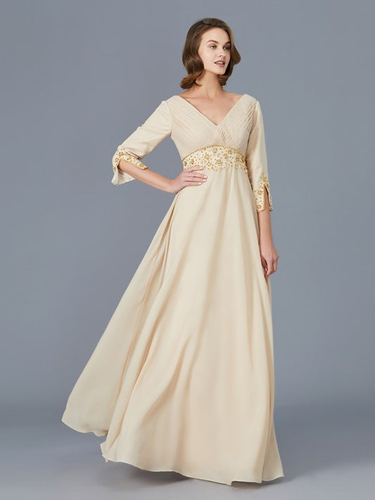 A-Line/Princess V-neck Ruffles Chiffon Floor-Length Mother of the Bride Dresses DFP0007385