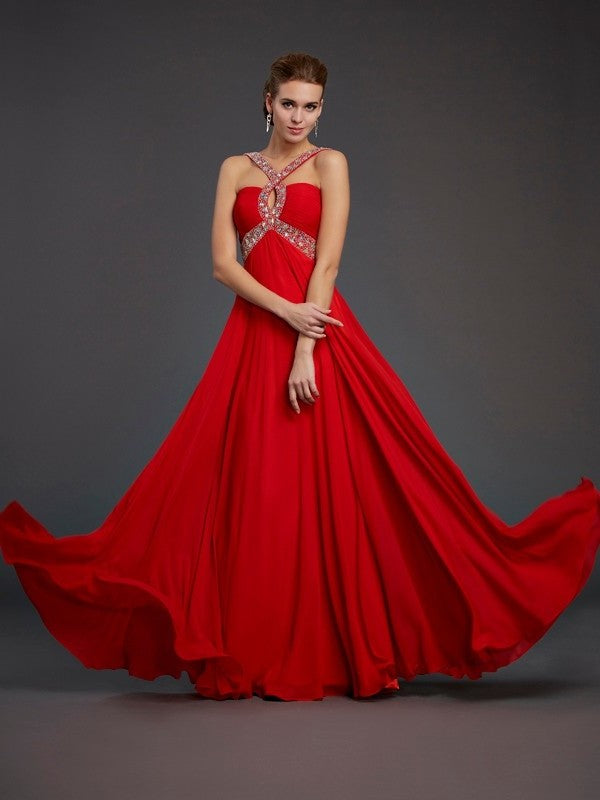 Sheath/Column Halter Sleeveless Beading Sequin Long Chiffon Dresses DFP0002918