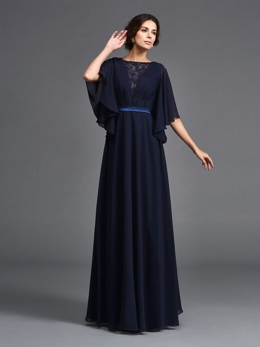 A-Line/Princess Scoop Beading 1/2 Sleeves Long Chiffon Mother of the Bride Dresses DFP0007348
