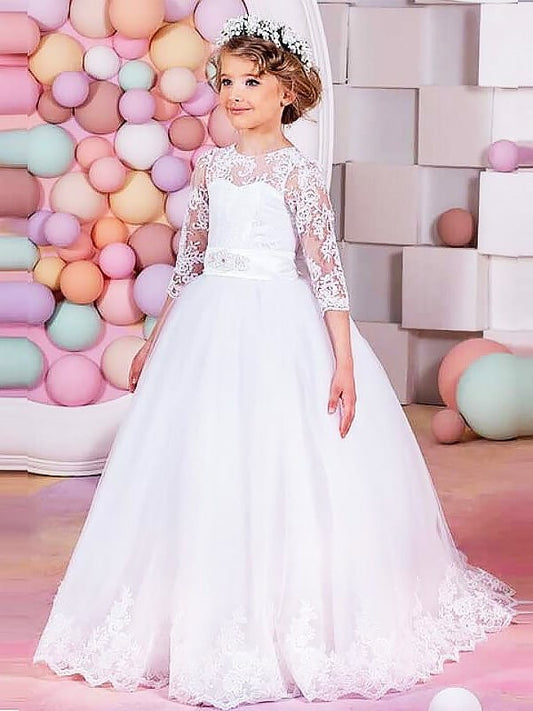 Ball Gown Jewel 1/2 Sleeves Lace Sweep/Brush Train Tulle Flower Girl Dresses DFP0007566