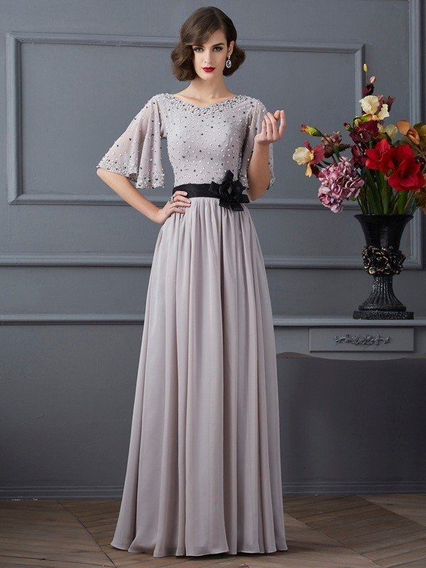 A-Line/Princess High Neck 1/2 Sleeves Beading Long Chiffon Dresses DFP0002555