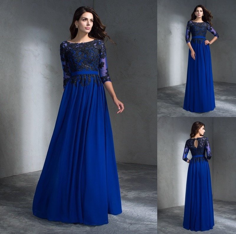 A-Line/Princess Scoop Applique 3/4 Sleeves Long Chiffon Dresses DFP0002930