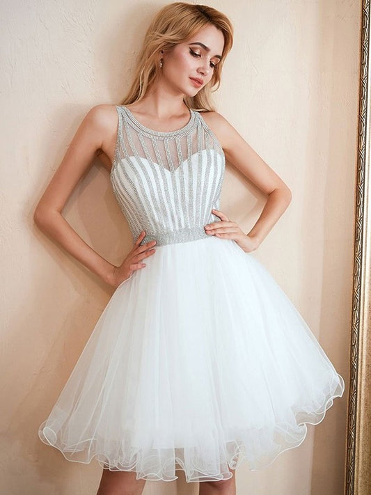 A-Line/Princess Tulle Beading Scoop Sleeveless Short/Mini Homecoming Dresses DFP0004372
