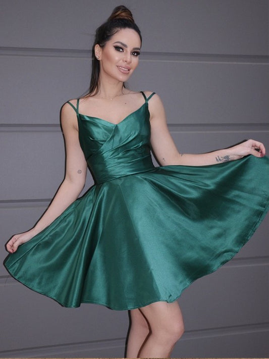 A-Line/Princess Satin Ruched Straps Sleeveless Short/Mini Homecoming Dresses DFP0004457