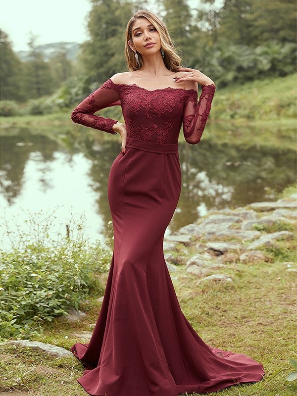 Sheath/Column Stretch Crepe Applique Off-the-Shoulder Long Sleeves Sweep/Brush Train Bridesmaid Dresses DFP0004985