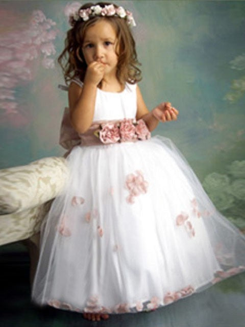 A-line/Princess Sleeveless Scoop Hand-made Flower Long Tulle Flower Girl Dresses DFP0007561