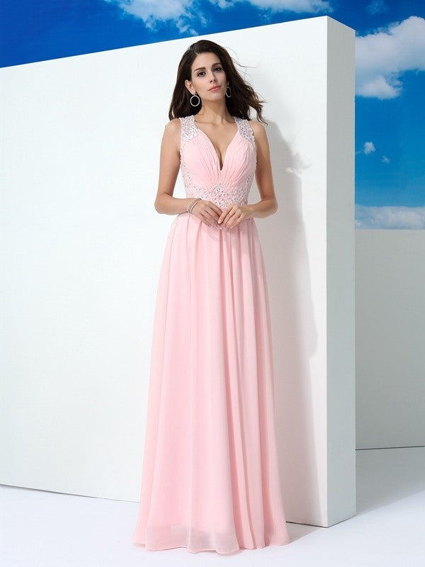 A-Line/Princess Straps Beading Sleeveless Long Chiffon Dresses DFP0002549