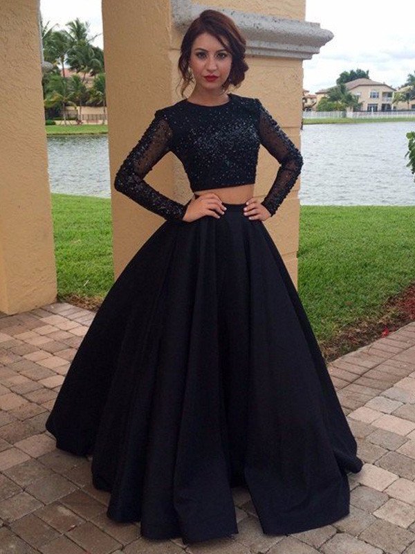 Ball Gown Long Sleeves Scoop Floor-Length Satin Beading Dresses DFP0001886