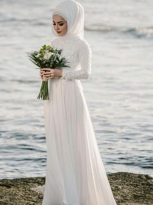A-Line/Princess Jewel Long Sleeves Floor-Length Applique Chiffon Wedding Dresses DFP0006977