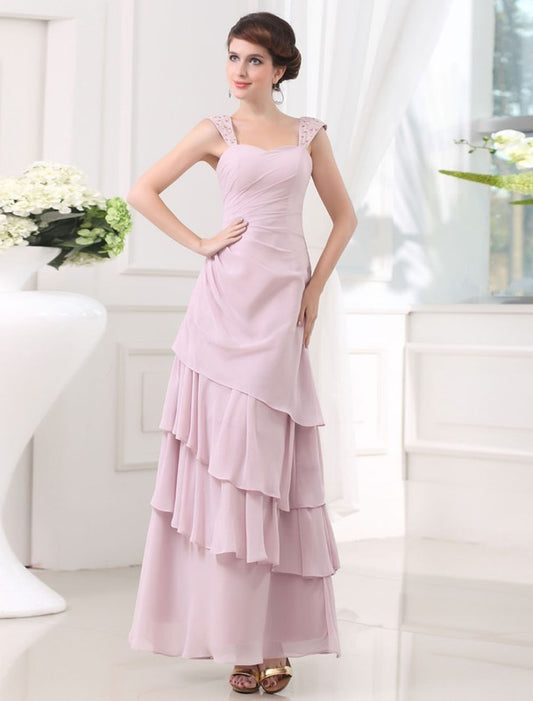 A-Line/Princess Beading Sleeveless Straps Layered Chiffon Long Dresses DFP0004648