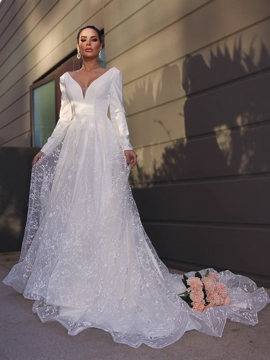 A-Line/Princess V-neck Long Sleeves Lace Applique Sweep/Brush Train Wedding Dresses DFP0005920