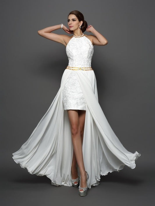 A-Line/Princess High Neck Lace Sleeveless Long Chiffon Wedding Dresses DFP0006617